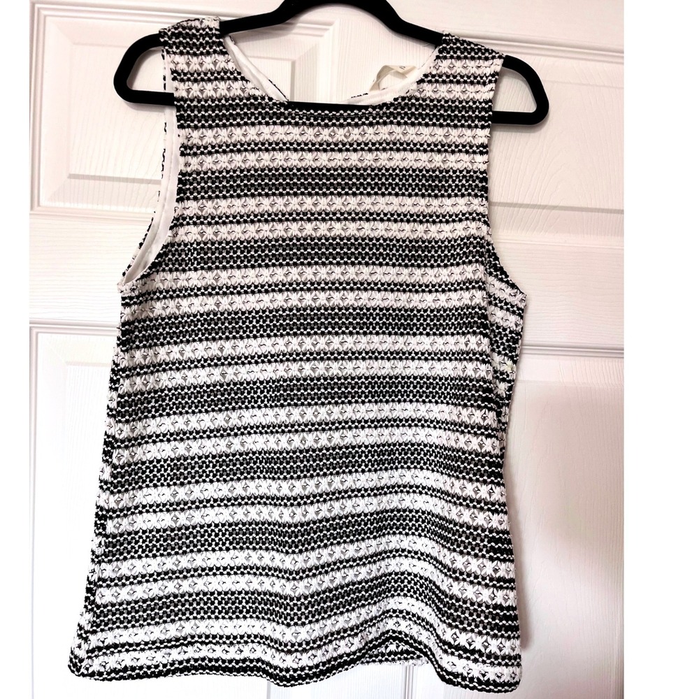 Springfield Black White Striped Crochet Knit  Top Tassel Keyhole Back Lined Lg